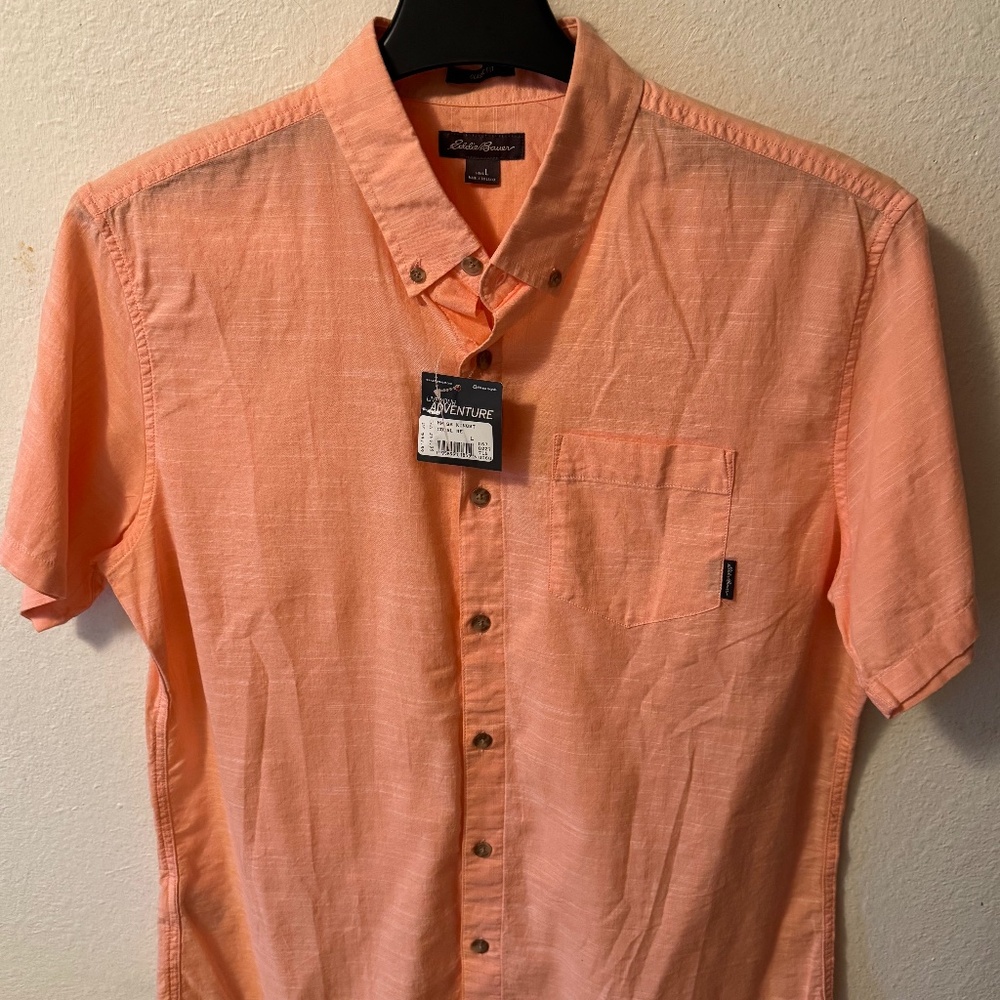 orange polo shirt brand eddie bauer size large button down pocket on front